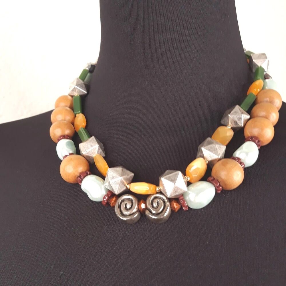 Necklace Handmade Art 2 NYC Street Jewelry Mixed Media Long Silver Orange White